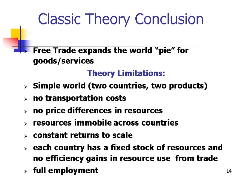 14 Classic Theory Conclusion  Free Trade expands the world “pie” for goods/services Theory